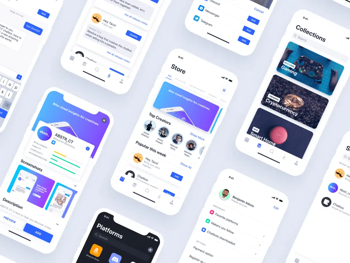 Compilation of screens displaying diverse features within an iOS chatbot store.