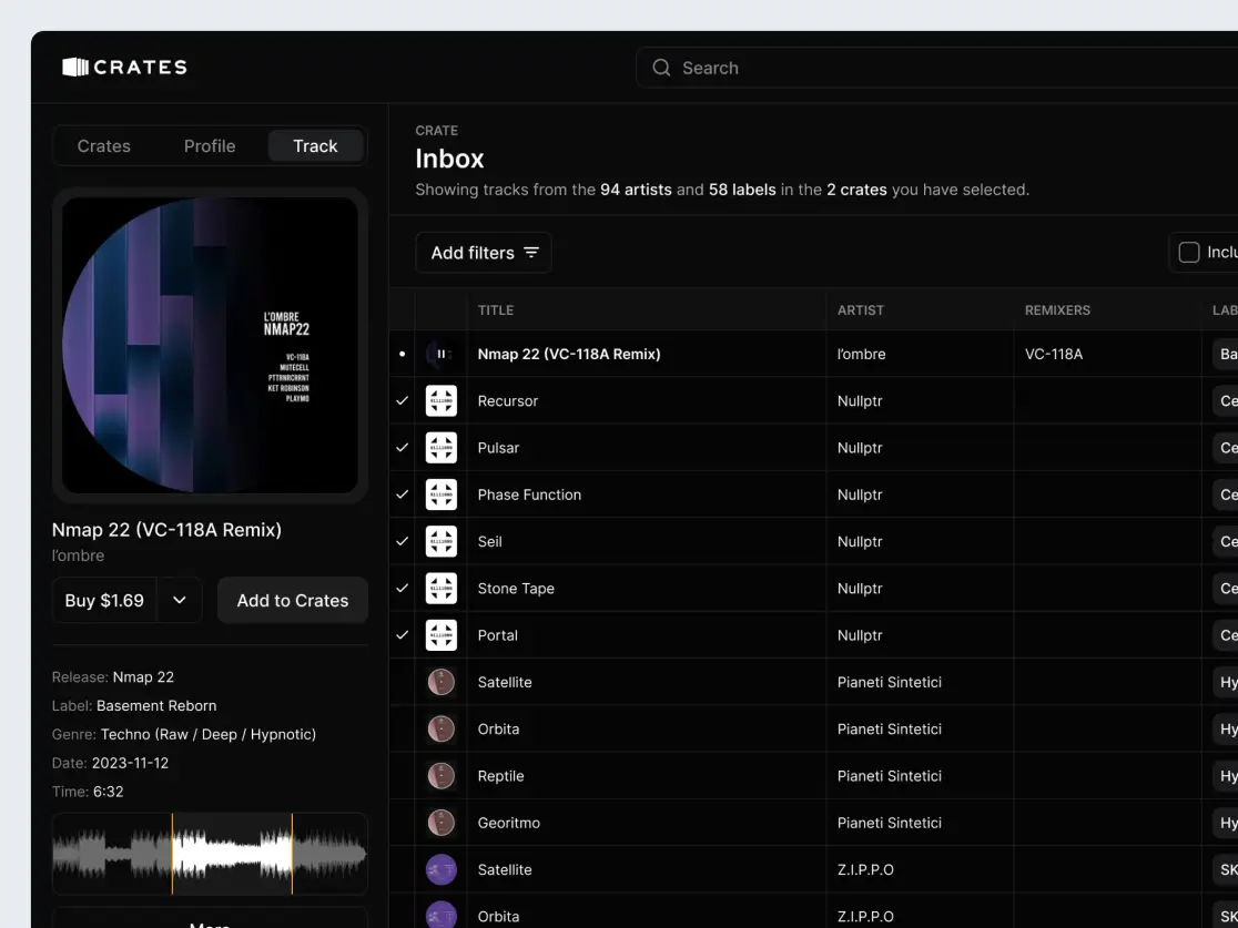 Zoomed-in view of a music software side-panel displaying detailed track information, including release date, genre, and label name. The panel showcases multiple actions, enabling users to buy the track, add it to a crate (playlist), and more.