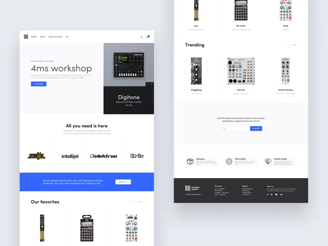 Preview of the landing page for Modularsquare, a physical and online store specializing in modular synthesizers.