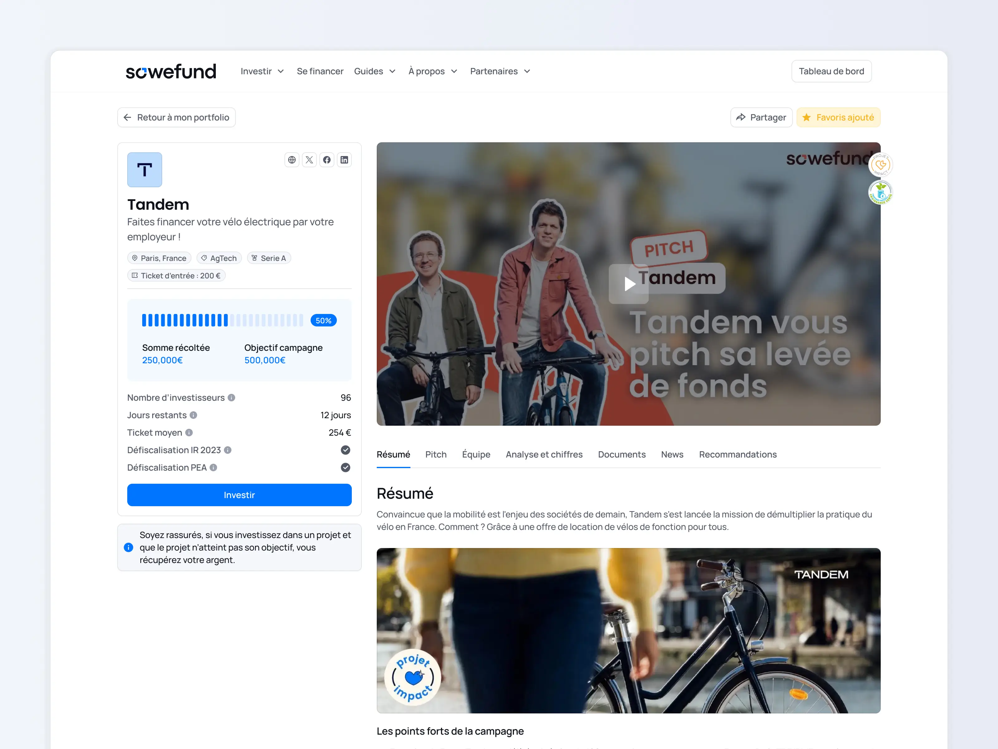 User interface of a co-investment detail page for "Tandem", an electric bike project in Paris. Funding goal: €500,000 (50% raised). 96 investors, 12 days left. Includes pitch video and project details.