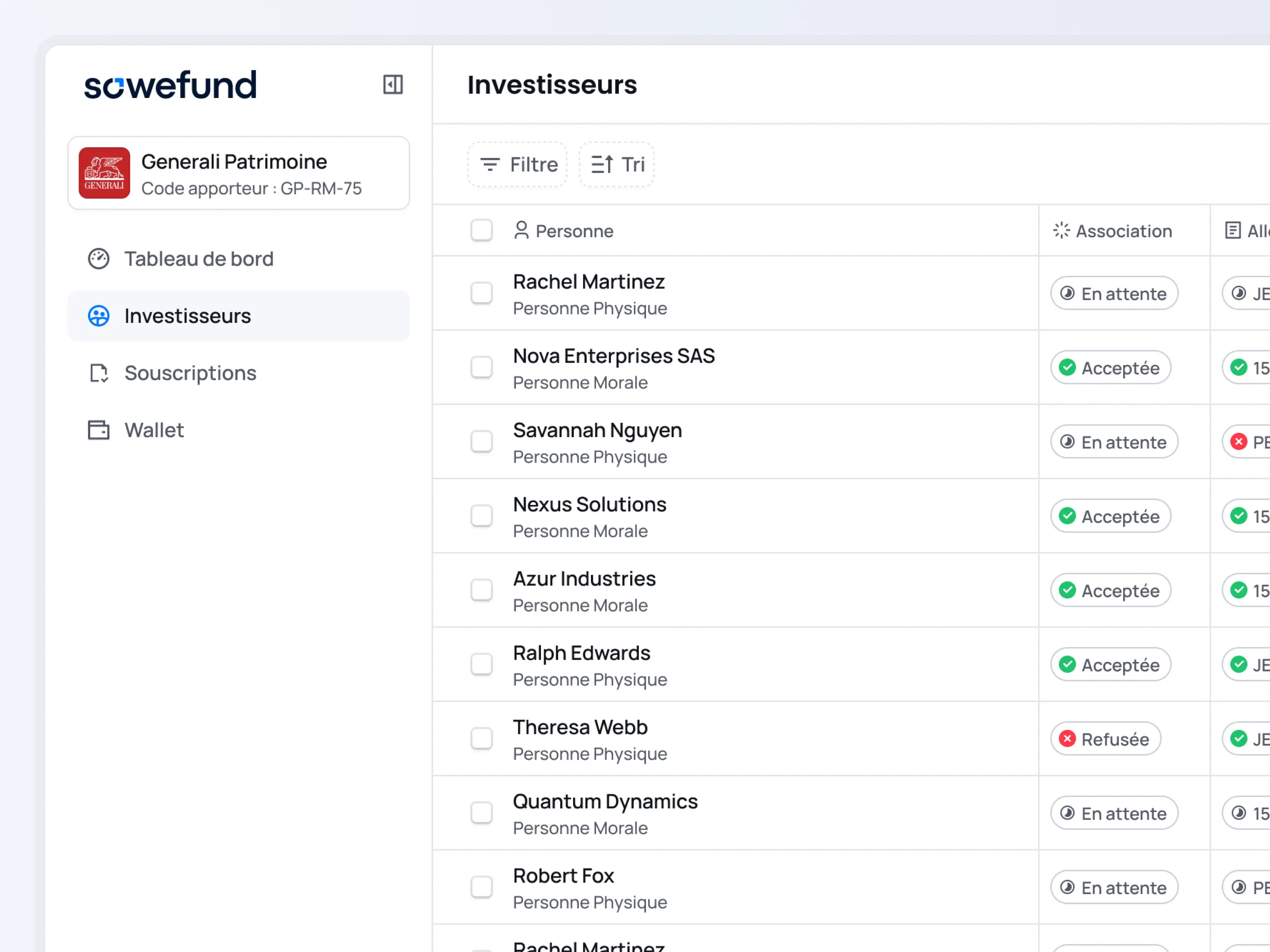 A dashboard of a co-investment platform called Sowefund. It provides details like investor types, subscription amounts, wallet balances, and KYC status, with options to filter, sort, and add new investors. Total subscriptions and balances are summarized at the bottom.